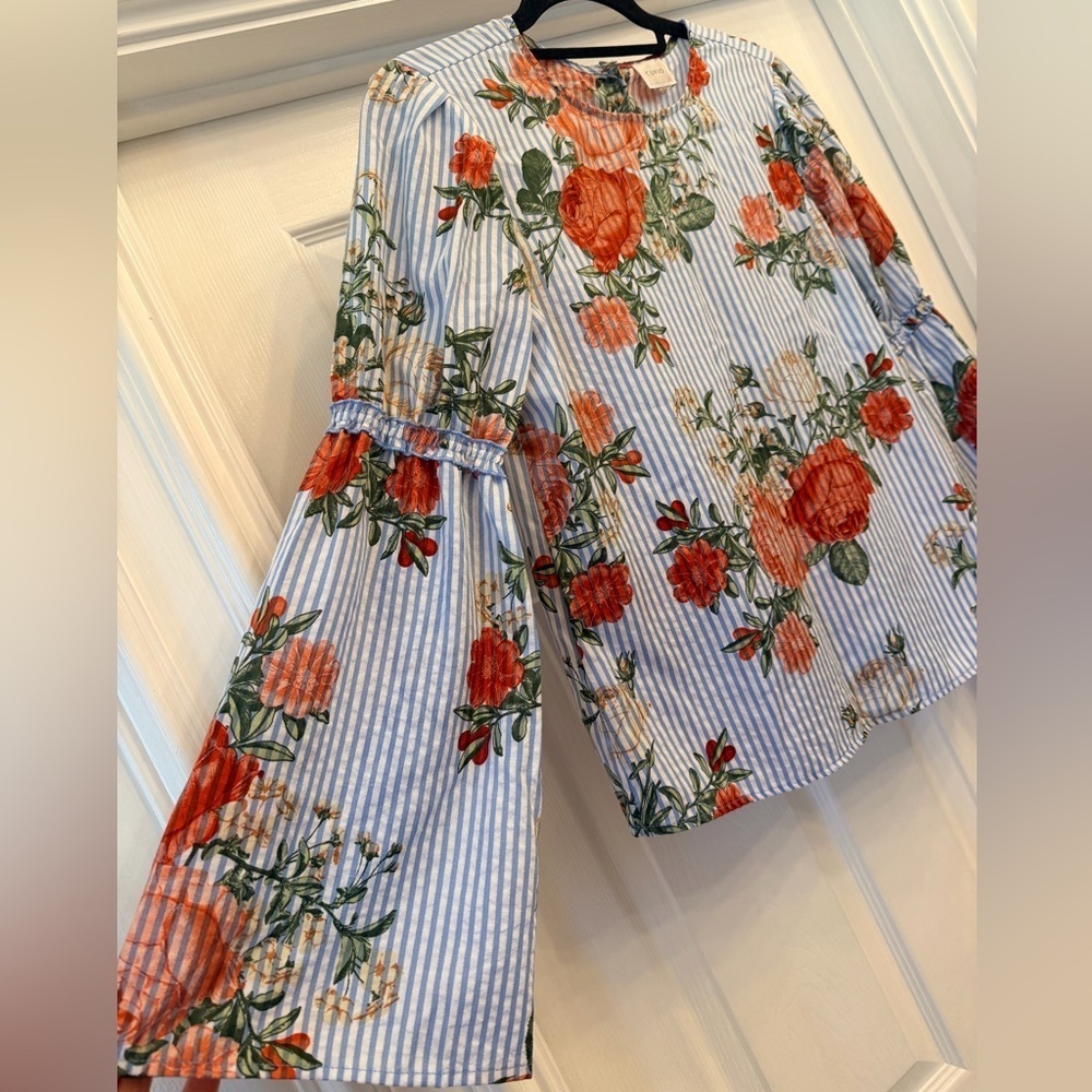 Cupio Blue and White Striped Floral Print Bell Sleeve Blouse - Size M - Picture 3 of 12